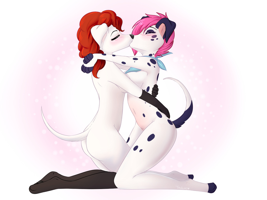 4:3 anthro black_nose breasts brown_hair canid canine canis dalmatian domestic_dog duo female female/female freckles_(psy101) hair hug kiss_on_lips kissing kneeling mammal molly_(cobaltdawg) nude pink_hair simple_background taykoe white_background wide_hips