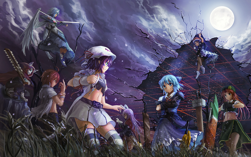 2boys 6+girls adapted_costume advent_cirno alternate_costume animal animal_ears armband armor asymmetrical_gloves bandages belt beret bike_shorts black_gloves black_shorts blue_bow blue_eyes blue_hair blue_skirt bow braid broken cape capelet chainsaw cirno clenched_hand cloak closed_mouth cloud collared_shirt commentary commission creator_connection crop_top crossed_arms crossover doremy_sweet dream_world_(touhou) dress dual_wielding engi_threepiece english_commentary eye_contact eyebrows feathered_wings fighting_stance flying freeze-ex frills fujiwara_yumeji full_moon gloves grass green_skirt hair_ribbon hairbow hat hat_ribbon holding holding_sword holding_weapon hong_meiling hood hooded_cloak jacket john_doe_(yumekui_merry) key light_particles long_hair long_sleeves looking_at_another mask merry_nightmare midriff moon multiple_boys multiple_girls navel neck_ribbon night night_sky nightcap no_shoes outdoors overskirt own_hands_together pants pauldrons planted planted_sword pointy_ears pom_pom_(clothes) profile purple_hair rabbit rabbit_ears red_cape red_eyes red_hair red_ribbon reisen_udongein_inaba ribbon sash scabbard sheath shirt short_hair short_sleeves shorts shoulder_armor skirt skirt_set sky smile socks standing star_(symbol) stomach striped_clothes striped_thighhighs sword tail tapir_tail thighhighs torn_clothes torn_shirt touhou twin_braids uneven_gloves waist_cape weapon white_gloves white_hat white_jacket white_legwear white_shirt white_skirt white_wings wings yumekui_merry