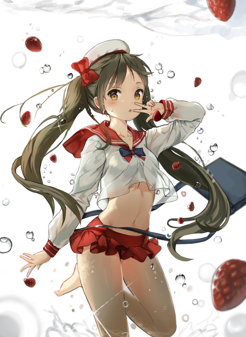 :o absurdres air_bubble anmi_(style) backlighting bad_id bad_pixiv_id bag bare_legs barefoot beret blue_bag blue_bow blue_bowtie blurry bow bowtie breasts brown_eyes brown_hair bubble chestnut_mouth cleavage commentary cowboy_shot crop_top crop_top_overhang depth_of_field female floating_hair food fruit hairbow hand_up hat highres kuku_(piazet1523) long_hair long_sleeves looking_at_viewer microskirt midriff navel no_bra original photoshop_(medium) pleated_skirt red_bow red_bowtie red_sailor_collar red_skirt sailor_collar school_uniform see-through see-through_silhouette serafuku shirt shoulder_bag skindentation skirt sleeve_cuffs solo sparkle standing standing_on_one_leg strawberry submerged thighs twintails two-tone_bow two-tone_bowtie underwater very_long_hair w w_over_eye water water_drop white_background white_hat white_shirt