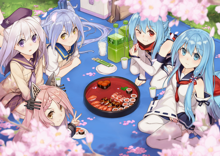 5girls :3 animal_ears arashi_(warship_girls_r) bag beret blanket blue_eyes blue_hair blue_skirt blush bottle braid breasts cherry_blossoms chopsticks closed_mouth commentary_request crossed_arms cu_(fsy84738368) cup detached_sleeves eating fake_animal_ears food from_above fubuki_(mod)_(warship_girls_r) fubuki_(warship_girls_r) grass green_tea hair_bun hanami hat highres light_purple_hair long_hair long_sleeves looking_at_viewer looking_up lying multiple_girls official_art on_stomach one_eye_closed open_mouth outdoors picnic pink_hair plate purple_eyes purple_hat purple_skirt red_eyes red_scarf sailor_collar scarf shimakaze_(warship_girls_r) shirayuki_(mod)_(warship_girls_r) shirayuki_(warship_girls_r) shirt side_ponytail single_hair_bun sitting skirt sleeves_rolled_up small_breasts smile sushi tea thighhighs tray turret v very_long_hair wariza warship_girls_r white_hair white_legwear white_shirt wide_sleeves yellow_eyes yokozuwari yukikaze_(warship_girls_r)