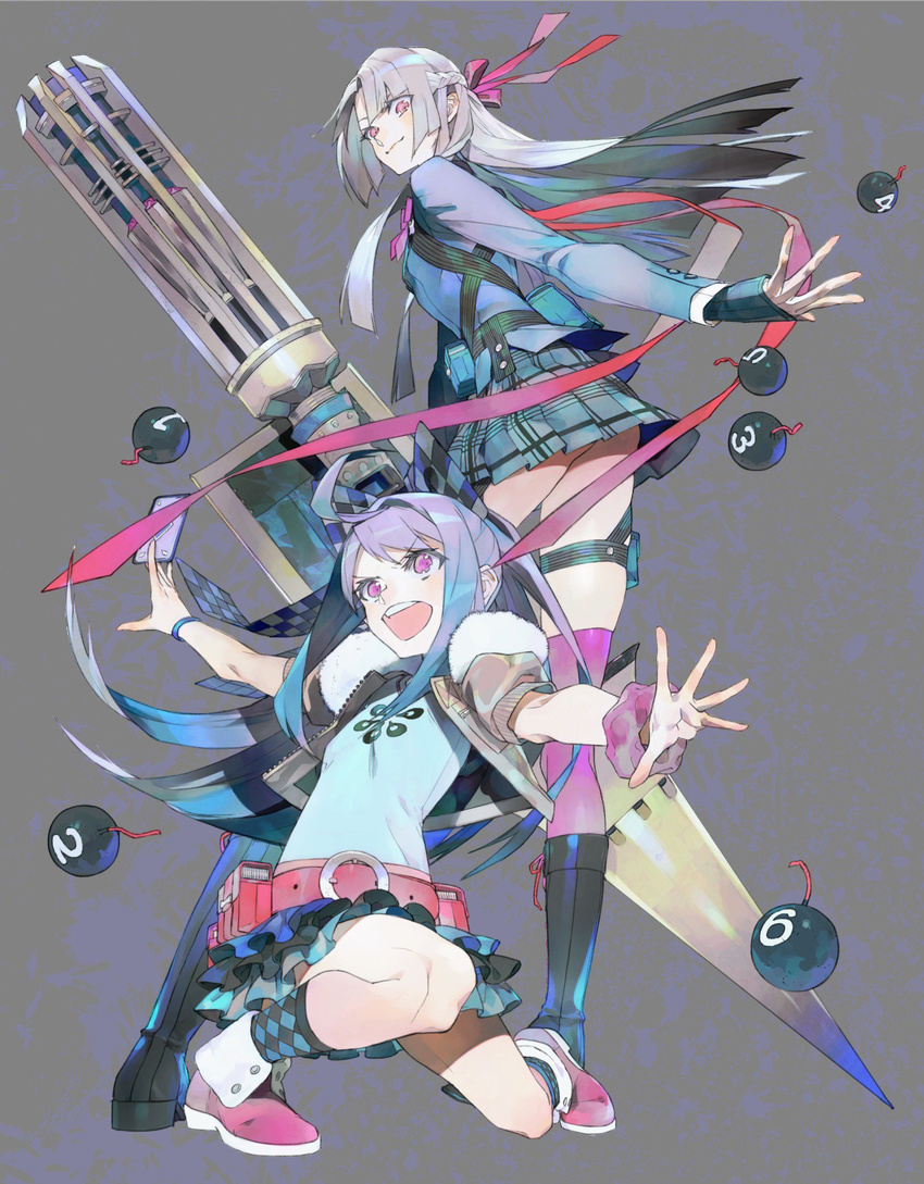 2girls 7th_dragon_(series) 7th_dragon_iii ahoge arika_(7th_dragon) belt bomb boots breasts checkered_clothes checkered_skirt commentary_request cropped_jacket duelist_(7th_dragon) explosive flat_chest frilled_skirt frills grey_hair hair_ribbon highres holster long_hair multiple_girls nishihara_isao pink_eyes pleated_skirt ponytail purple_eyes purple_hair ribbon samurai_(7th_dragon_series) skirt small_breasts smile thighhighs upskirt utility_belt weapon