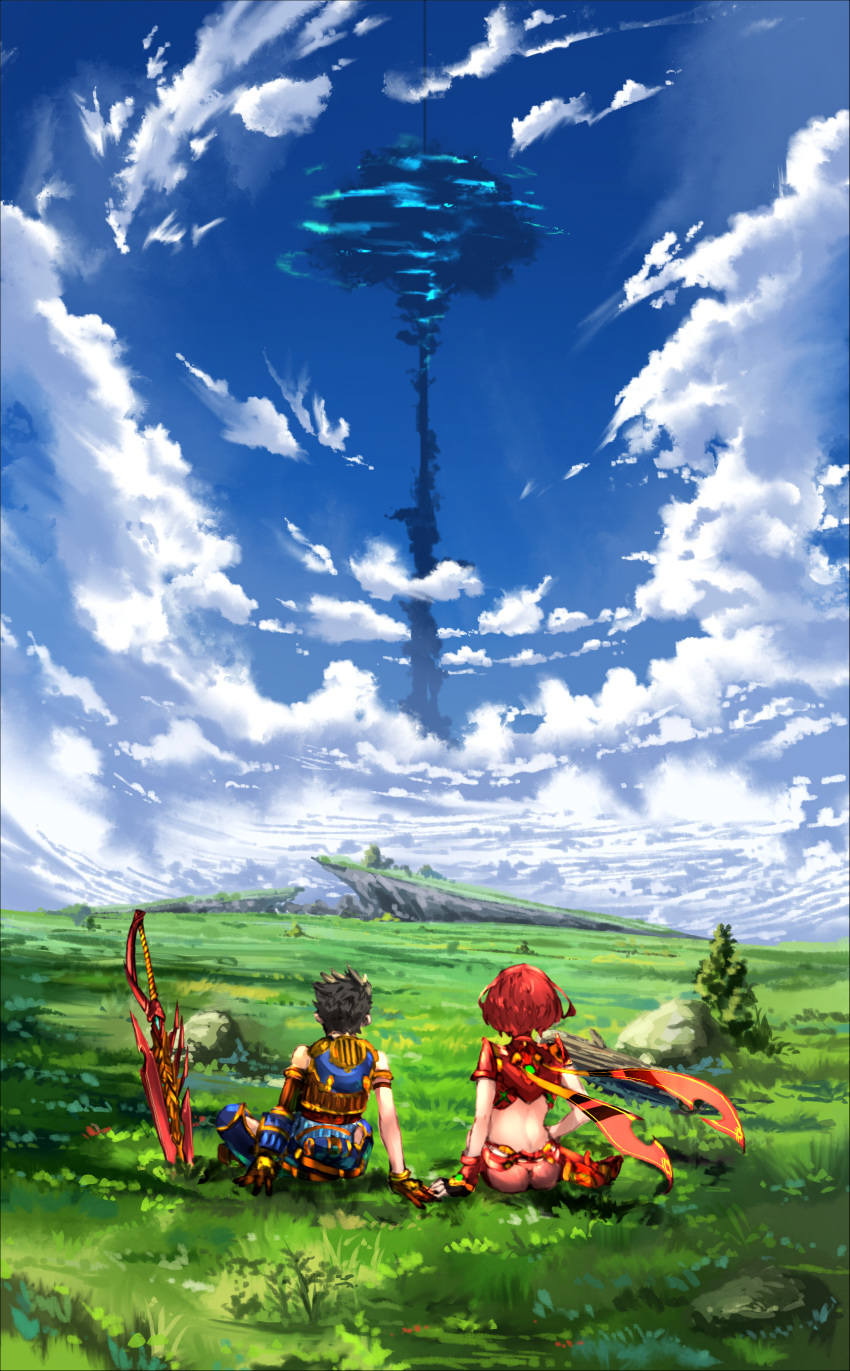 1boy absurdres aegis_sword_(xenoblade) arm_at_side arm_support armlet ass bad_id bad_pixiv_id blue_sky brown_gloves brown_hair bush cloud commentary_request day female field finger_touching from_behind gloves grass highres outdoors planted planted_sword poteto_(potetosarada123) pyra_(xenoblade) red_hair rex_(xenoblade) rock scenery short_hair sitting sky sword tree weapon xenoblade_chronicles_(series) xenoblade_chronicles_2