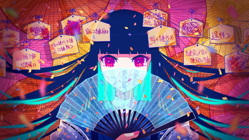 :q asa_no_ha_(pattern) blue_hair blue_kimono blue_string blunt_bangs blurry blurry_foreground closed_mouth commentary confetti ema female fingernails folding_fan hand_fan highres japanese_clothes kimono long_hair looking_at_viewer mojibake_text oil-paper_umbrella original partially_translated pink_nails portrait purple_eyes scanlines smile solo splatter static straight-on string tongue tongue_out translation_request tukineko222 umbrella unmoving_pattern