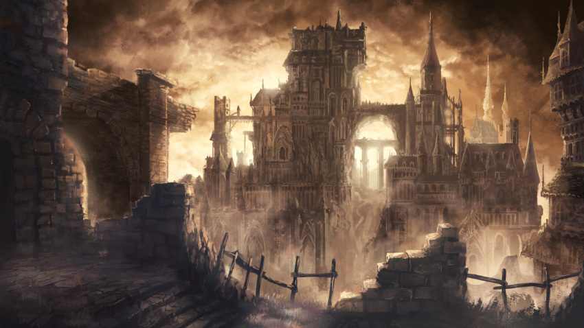 brick_wall bridge broken_bridge building castle city cloud cloudy_sky commentary_request dark_souls_(series) dark_souls_iii fantasy fog highres no_humans outdoors photoshop_(medium) sana_dn scenery sky stairs tower