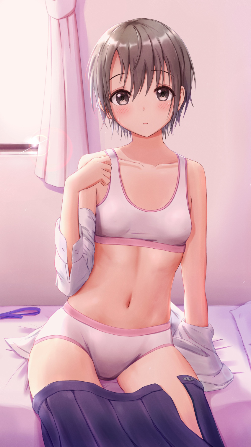 absurdres bare_shoulders black_eyes breasts collarbone commentary_request covered_nipples curtains female grey_hair highres idolmaster idolmaster_cinderella_girls indoors masuku_(saint_mask) navel on_bed otokura_yuuki panties pleated_skirt shirt short_hair sitting skirt small_breasts solo sports_bra thighs underwear unworn_shirt unworn_skirt white_panties white_shirt white_sports_bra window