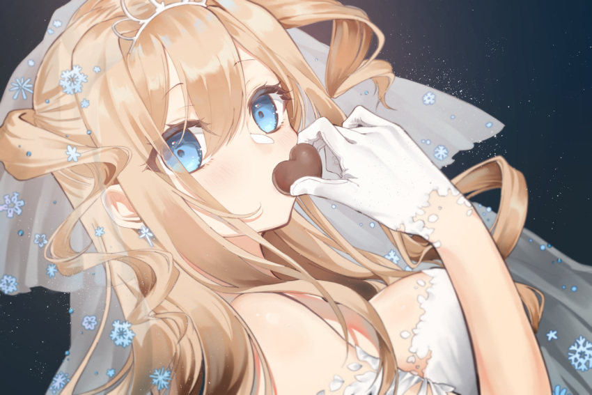 bad_id bad_pixiv_id blonde_hair blue_eyes blush breasts chocolate covered_mouth dress female food girls'_frontline gloves hair_between_eyes hair_ornament happy_valentine holding holding_chocolate holding_food long_hair looking_at_viewer medium_breasts official_alternate_costume rabb_horn sideboob snowflake_hair_ornament solo starry_background suomi_(blissful_mission)_(girls'_frontline) suomi_(girls'_frontline) upper_body valentine white_dress white_gloves