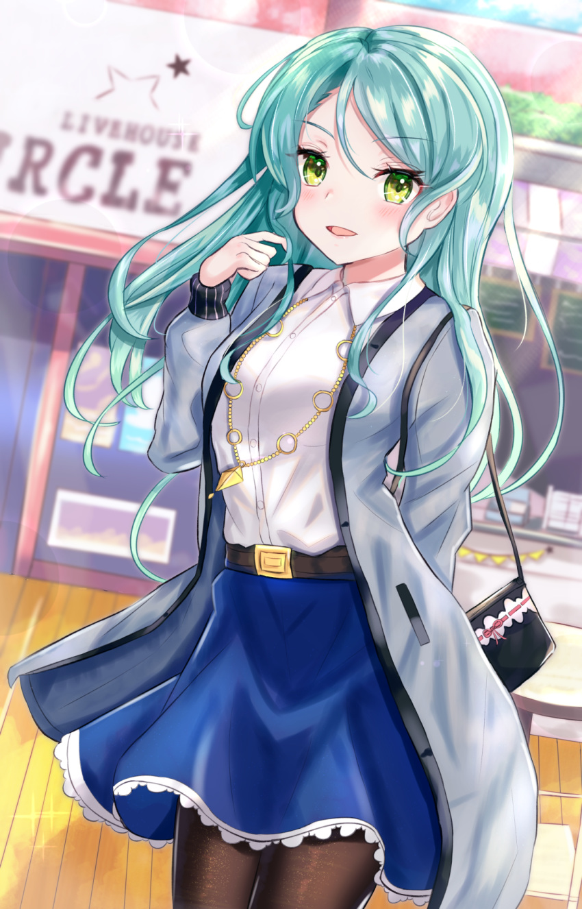 aqua_hair bag bang_dream! black_bag black_pantyhose blue_skirt commentary female green_eyes green_hair green_jacket highres hikawa_sayo jacket long_hair looking_at_viewer outdoors panipo pantyhose pencil_skirt shirt skirt solo standing table white_shirt