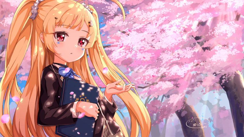 ahoge ame. azur_lane black_jacket blazer blonde_hair blue_bow blush book bow brown_skirt cherry_blossoms commentary_request day eldridge_(azur_lane) eldridge_(the_inquisitive_recluse)_(azur_lane) facial_mark female flower hair_ornament hairclip hand_up holding holding_book jacket long_hair long_sleeves official_alternate_costume outdoors parted_lips petals pink_flower plaid plaid_skirt red_eyes signature skirt solo tree two_side_up very_long_hair