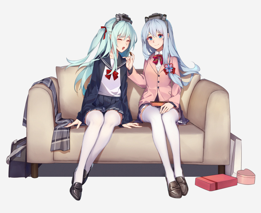 2girls :d ^_^ absurdres arnold-s bad_id bad_pixiv_id bag black_footwear black_jacket black_sailor_collar black_skirt blue_eyes blue_hair blush bow box brown_footwear chocolate closed_eyes closed_mouth collared_shirt couch dress_shirt feeding food fubuki_(warship_girls_r) gift gift_box green_hair grey_background hair_between_eyes hair_ribbon heart-shaped_box highres holding holding_food jacket loafers long_hair long_sleeves multiple_girls on_couch one_side_up open_clothes open_jacket open_mouth photoshop_(medium) pink_jacket pleated_skirt red_bow red_ribbon ribbon sailor_collar school_bag shadow shirayuki_(warship_girls_r) shirt shoes sitting skirt sleeves_past_wrists smile thighhighs very_long_hair warship_girls_r white_legwear white_shirt