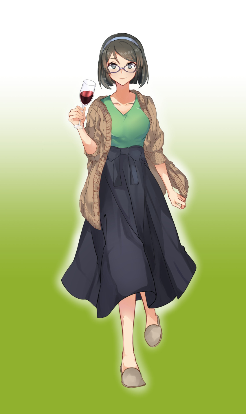 absurdres alcohol alternate_costume black_hair blue_hairband breasts brown_jacket commentary_request cup drinking_glass female full_body glasses gradient_background green_shirt grey_eyes hairband highres holding jacket kantai_collection kirishima_(kancolle) long_skirt purple-framed_eyewear shirt short_hair simple_background skirt slippers smile solo standing wine wine_glass yamabuki0211