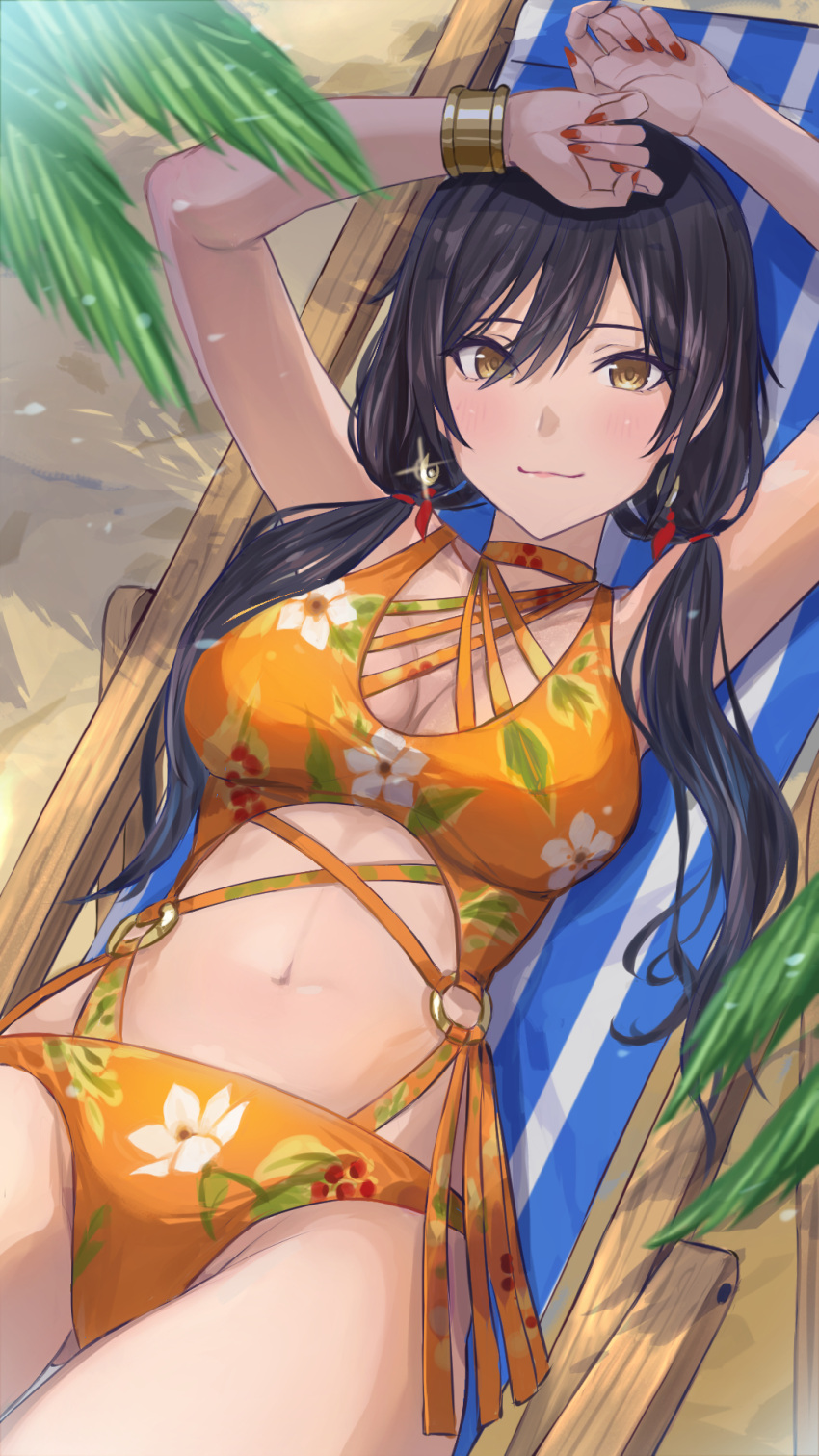 armpits arms_up bare_shoulders black_hair blush bracelet breasts cleavage commentary_request earrings enporion female floral_print glint hair_between_eyes highres idolmaster idolmaster_shiny_colors jewelry large_breasts long_hair looking_at_viewer low_twintails lying navel on_back one-piece_swimsuit orange_one-piece_swimsuit shirase_sakuya smile solo stomach swimsuit thighs twintails yellow_eyes