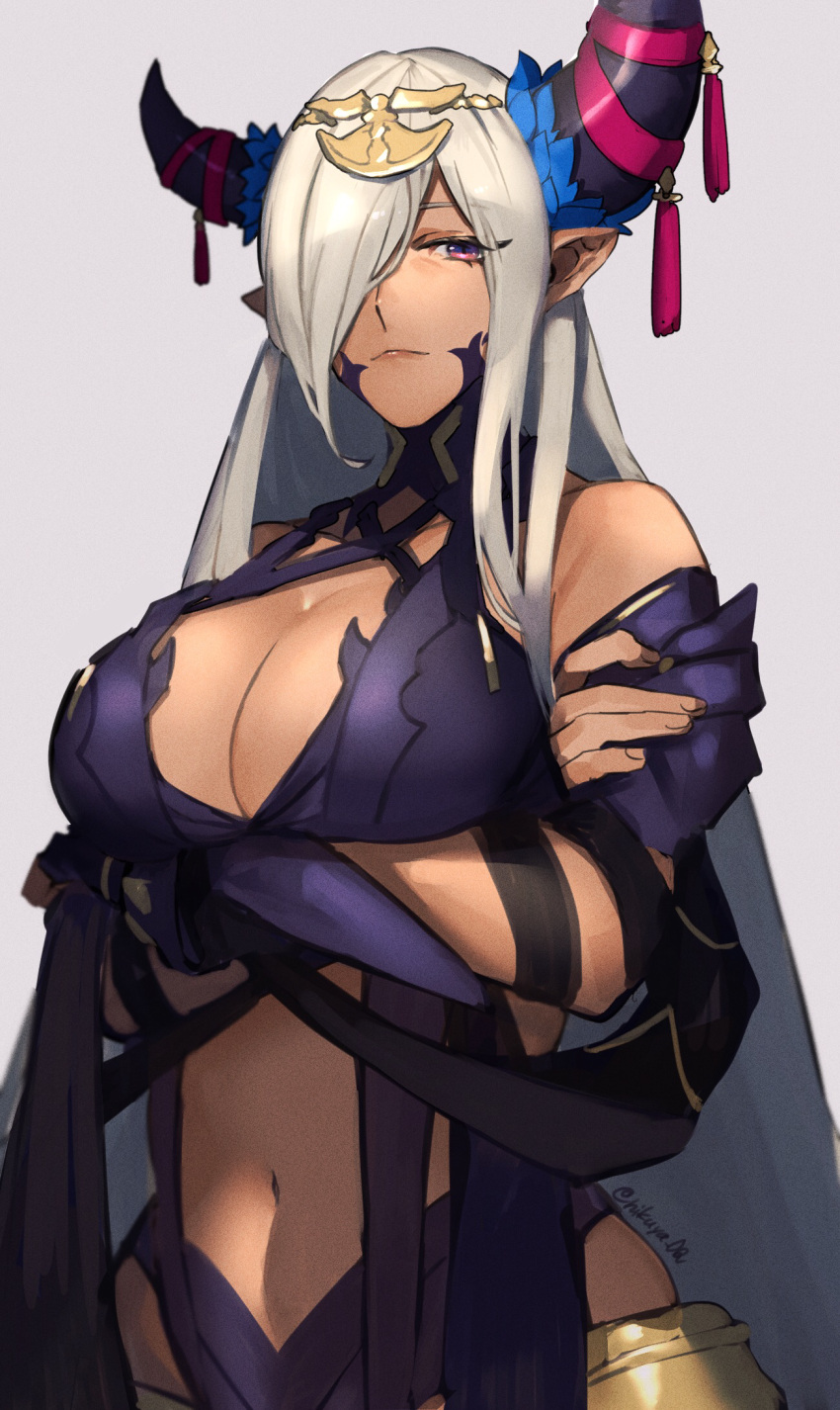 arms_under_breasts asymmetrical_horns bare_shoulders breasts cleavage commentary_request cowboy_shot crossed_arms female fire_emblem fire_emblem_engage grey_background grey_horns hair_ornament hair_over_one_eye highres horns large_breasts long_hair mature_female pointy_ears purple_eyes purple_ribbon revealing_clothes ribbon seinikuten solo tan tassel tassel_hair_ornament uneven_horns zephia_(fire_emblem)