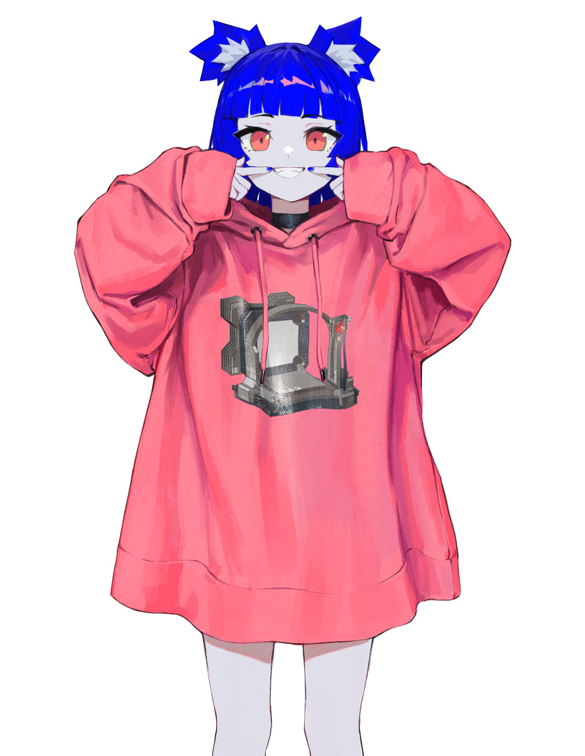 absurdres animal_ears black_choker blue_hair blue_nails choker commentary drawstring english_commentary fangs feet_out_of_frame female fukouna_shoujo_03 grin gris_(vertigris) highres hood hoodie original oversized_clothes pink_eyes pink_hoodie shirt shirt_overhang short_hair simple_background smile solo vertigris white_background