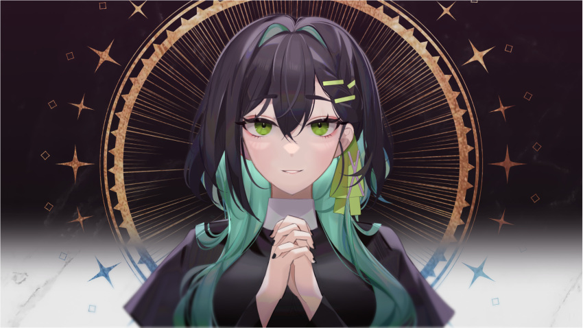 black_dress black_hair black_nails breasts colored_inner_hair dress female green_eyes green_hair hair_behind_ear highres indie_virtual_youtuber medium_breasts mira_(cevio) multicolored_hair own_hands_clasped own_hands_together parted_lips portrait saki.exe smile solo virtual_youtuber yoru_(yowuyoru)