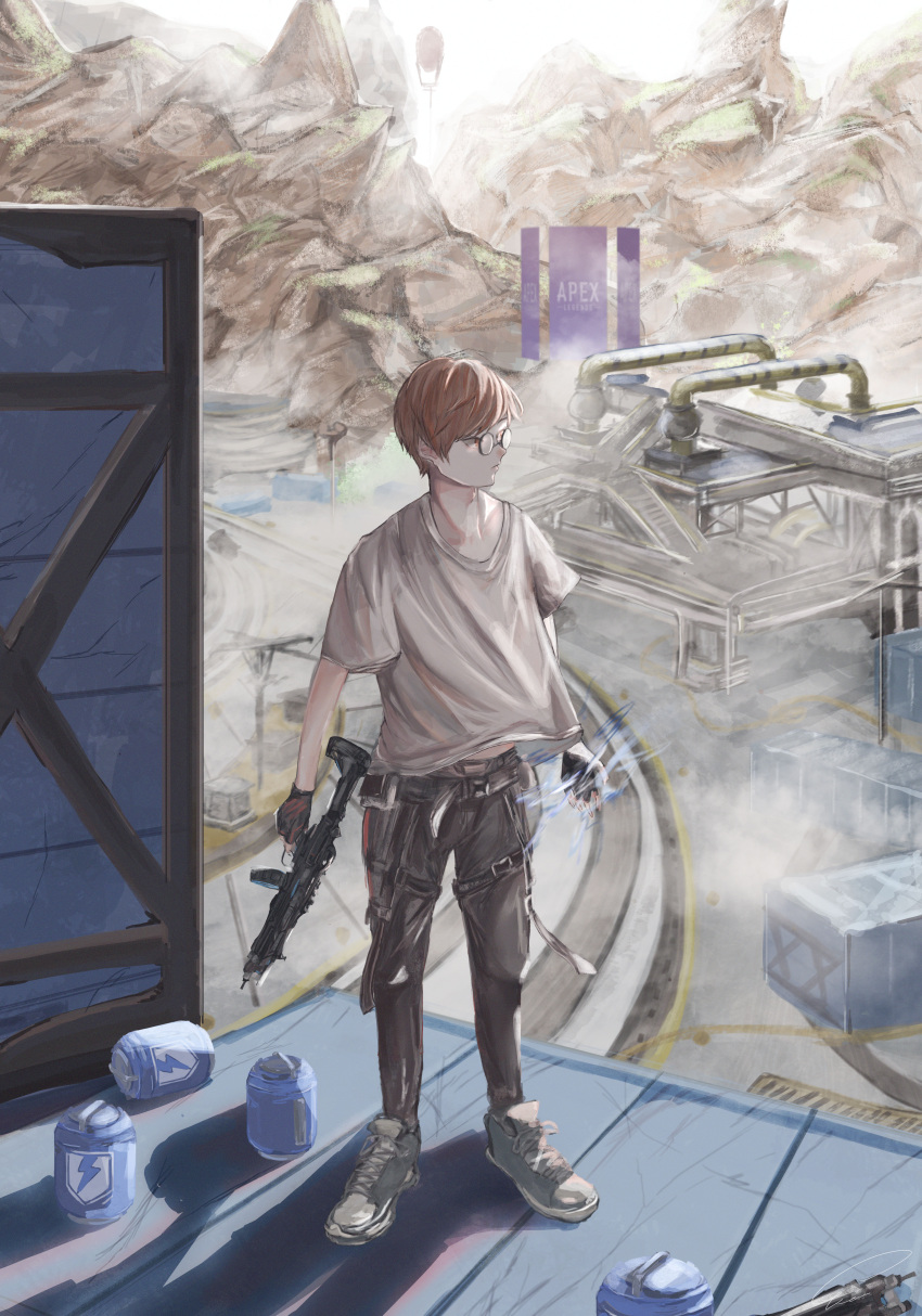 1boy absurdres animification apex_legends black_pants brown_hair can collarbone detonator_(esports) eva-8_shotgun glasses grey_footwear grey_shirt gun highres holding holding_gun holding_weapon in-universe_location male_focus mukai_(detonator) pants round_eyewear shirt shotgun solo standing vea_(v_ea_) weapon world's_edge