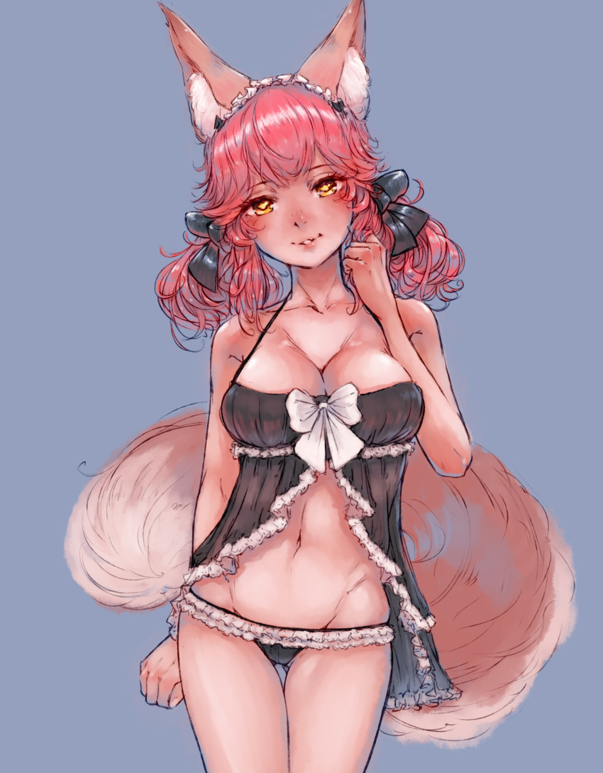 absurdres animal_ear_fluff animal_ears arm_at_side ass_visible_through_thighs black_bow black_panties bow breasts clenched_hand commentary_request demstouts fate/grand_order fate_(series) female fox_ears fox_girl fox_tail frilled_panties frills grey_background groin hairband hairbow highres looking_at_viewer midriff navel panties pink_hair short_twintails simple_background solo standing tail tamamo_(fate) tamamo_no_mae_(fate/extra) twintails underwear white_bow yellow_eyes