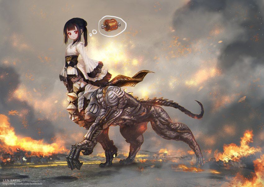 absurdres black_hair centauroid chinese_commentary commentary_request dress female fire food frilled_dress frills full_body highres len_brew looking_at_viewer meat mecha nagai_gojitsudan_no_nechronica original panties red_eyes robot smoke solo tabletop_rpg taur thought_bubble underwear