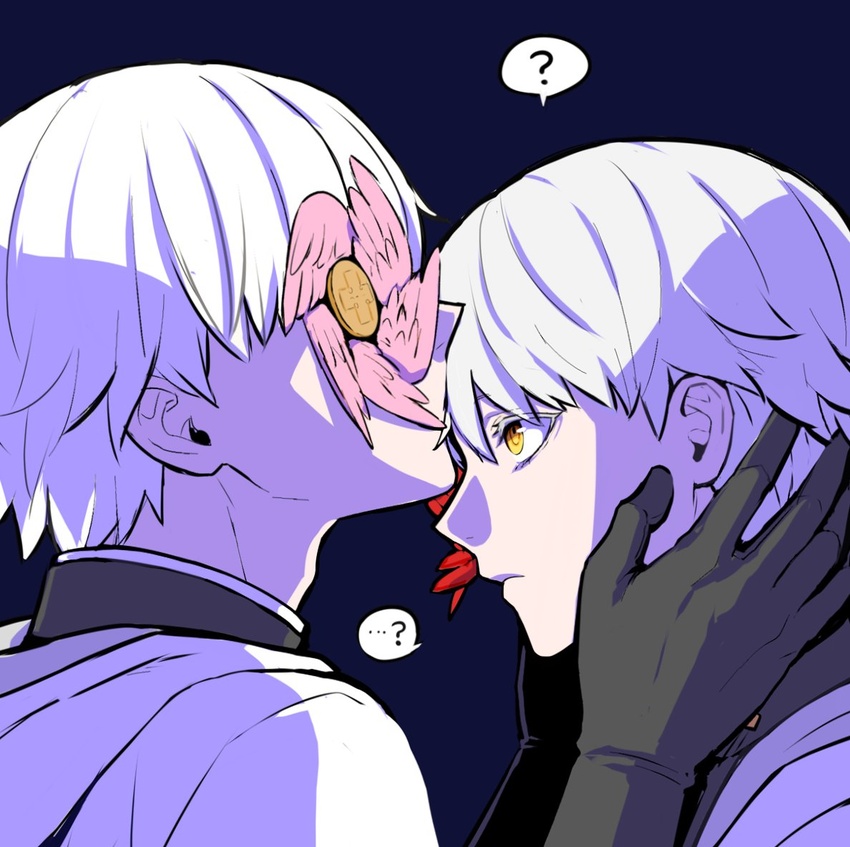 ... 2boys ? asuka_r._kreutz black_background black_gloves clone closed_mouth colored_eyelashes eyepatch gloves guilty_gear guilty_gear_strive halo kissing kissing_forehead looking_at_another male_focus multiple_boys short_hair simple_background spiked_halo tb_(spr1110) upper_body white_hair yellow_eyes