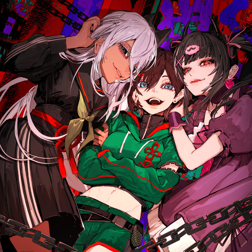 3girls abeno-shakuji-maya album_cover bandaged_neck bandages belt black_belt black_eyes black_hair black_serafuku black_shirt black_skirt blue_eyes breasts brown_hair chains commentary_request cover crop_top crossed_arms dark-skinned_female dark_skin demon_horns denonbu dress earrings fake_horns green_hoodie green_shorts grey_hair hair_between_eyes hair_ornament hair_ribbon heart heart_earrings highres hood hood_down hoodie horns jewelry long_hair long_hair_between_eyes long_sleeves looking_at_viewer medium_breasts midriff multiple_girls navel neckerchief official_art ogami_matoi open_mouth pink_lips pink_ribbon puffy_short_sleeves puffy_sleeves purple_dress red_eyes reml ribbon sailor_collar school_uniform serafuku shirt short_hair short_sleeves shorts skirt smile standing twintails unrefle wrist_cuffs x_hair_ornament yellow_neckerchief