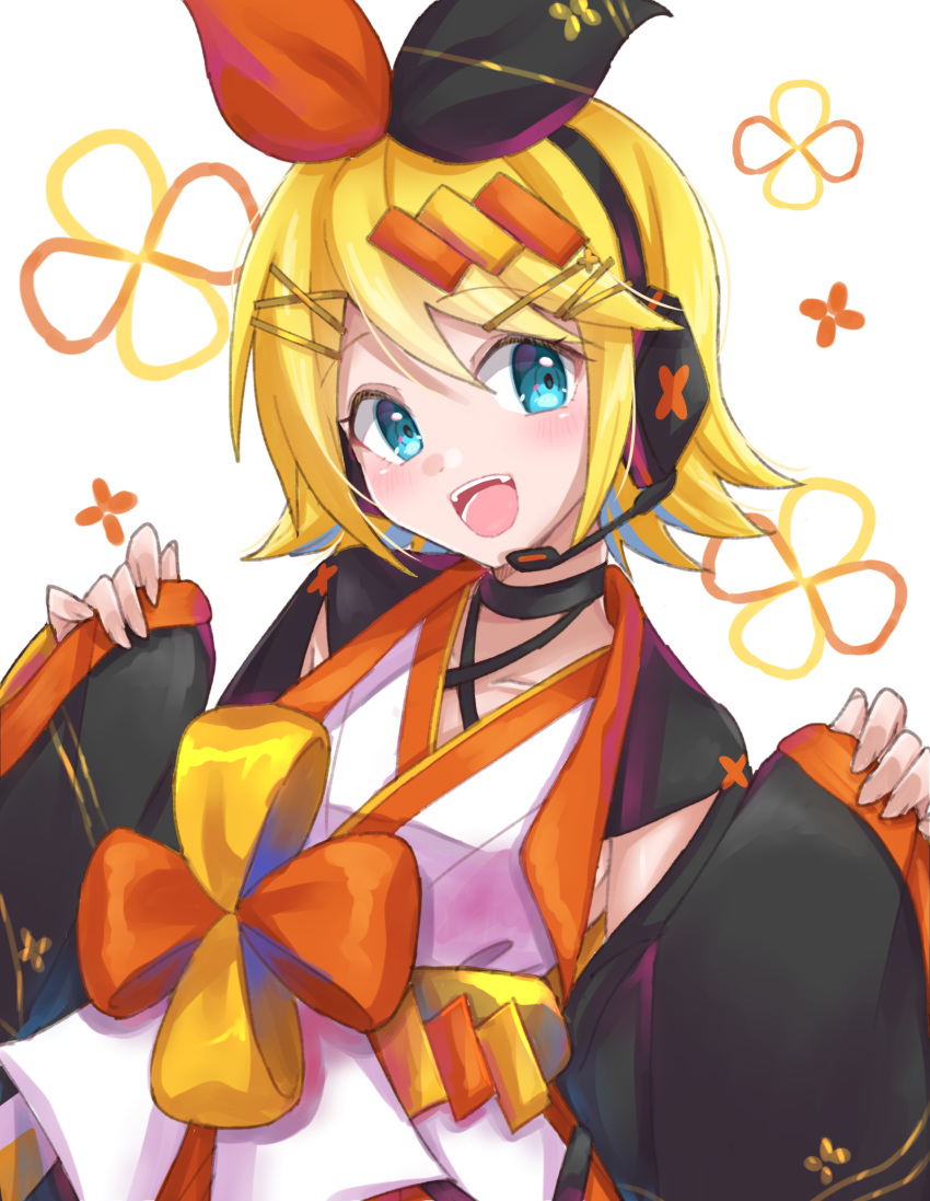 black_bow black_sleeves blonde_hair blue_eyes bow cherry_blossom_print commentary detached_sleeves female floral_print hair_ornament hairbow hairclip headphones headset highres japanese_clothes kagamine_rin kimono looking_at_viewer magical_mirai_(vocaloid) magical_mirai_rin magical_mirai_rin_(2020_summer) open_mouth orange_bow short_hair sleeves_past_wrists smile solo supo01 swept_bangs two-tone_bow upper_body vocaloid white_kimono