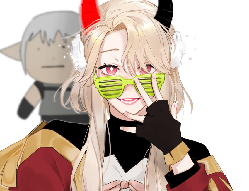 asymmetrical_horns aurea_(lord_of_heroes) black_horns blonde_hair bob_cut demon_horns female glasses gloves highres horns korean_commentary looking_at_viewer lord_of_heroes mangta mikhail_blake mismatched_horns pale_skin pink_eyes red_horns shutter_shades smile