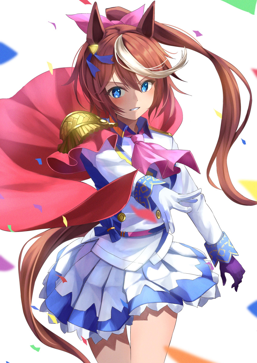 absurdres animal_ears ascot asymmetrical_gloves bad_id bad_pixiv_id blue_eyes blush brown_hair buttons cape chakuma_(yiyh1468) collared_jacket confetti cowboy_shot double-breasted epaulettes female gloves highres horse_ears horse_girl horse_tail jacket long_hair long_sleeves mismatched_gloves multicolored_hair open_mouth outstretched_arm pink_ascot pleated_skirt ponytail purple_gloves simple_background single_epaulette skirt solo streaked_hair tail teeth tokai_teio_(umamusume) two-tone_hair umamusume v-shaped_eyebrows white_background white_gloves white_hair white_jacket white_skirt