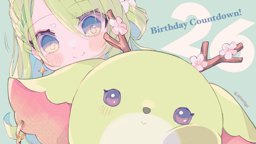 antlers blush braid branch ceres_fauna cheek_on_glass close-up commentary countdown earrings familiar female flower green_hair hair_flower hair_ornament hair_over_one_eye highres hololive hololive_english horns jewelry mayumura mole mole_under_eye nemu_(ceres_fauna) protected_link smile virtual_youtuber yellow_eyes