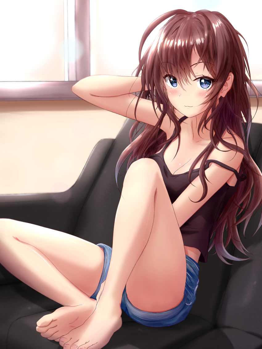 :3 absurdres ahoge bare_arms bare_legs bare_shoulders barefoot black_tank_top blue_eyes breasts brown_hair cleavage commentary_request couch denim denim_shorts feet female hand_on_own_head highres ichinose_shiki idolmaster idolmaster_cinderella_girls knee_up long_hair looking_at_viewer masuku_(saint_mask) shorts sitting soles solo spaghetti_strap tank_top toes wavy_hair