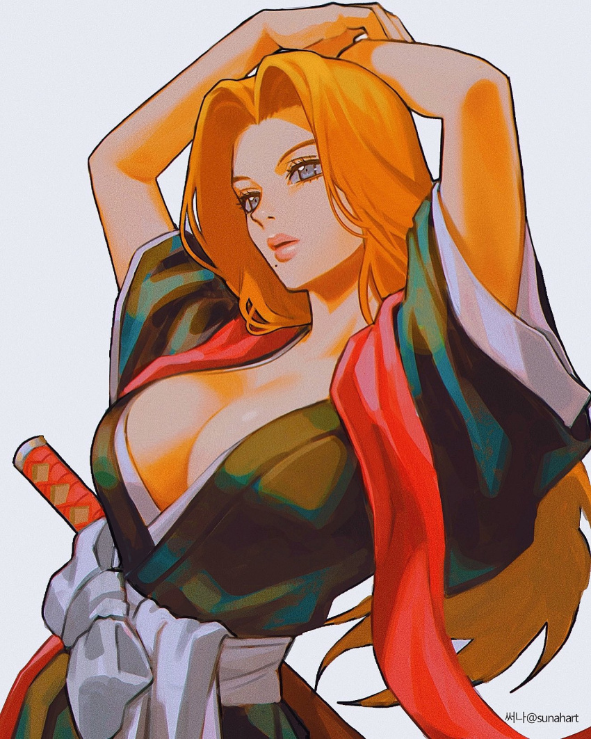 arms_behind_head arms_up bleach blue_eyes breasts cleavage female highres japanese_clothes korean_commentary large_breasts long_hair matsumoto_rangiku mole mole_under_mouth orange_hair shinigami simple_background solo sun_ah sword weapon zanpakutou