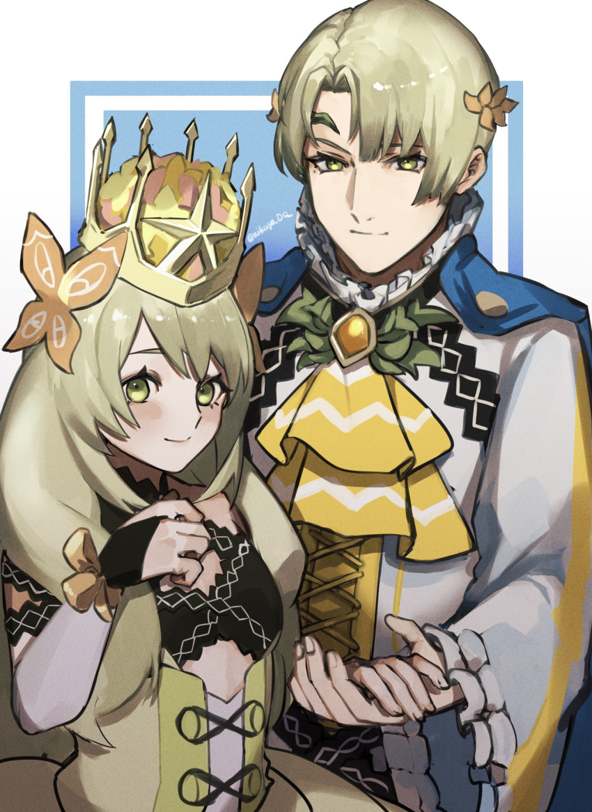 1boy alfred_(fire_emblem) ascot blonde_hair brother_and_sister butterfly_hair_ornament cape celine_(fire_emblem) commentary_request crown dress female fire_emblem fire_emblem_engage flat_chest frills green_eyes hair_ornament highres holding_hands long_hair looking_at_viewer prince princess seinikuten short_hair siblings smile twitter_username upper_body yellow_ascot yellow_dress