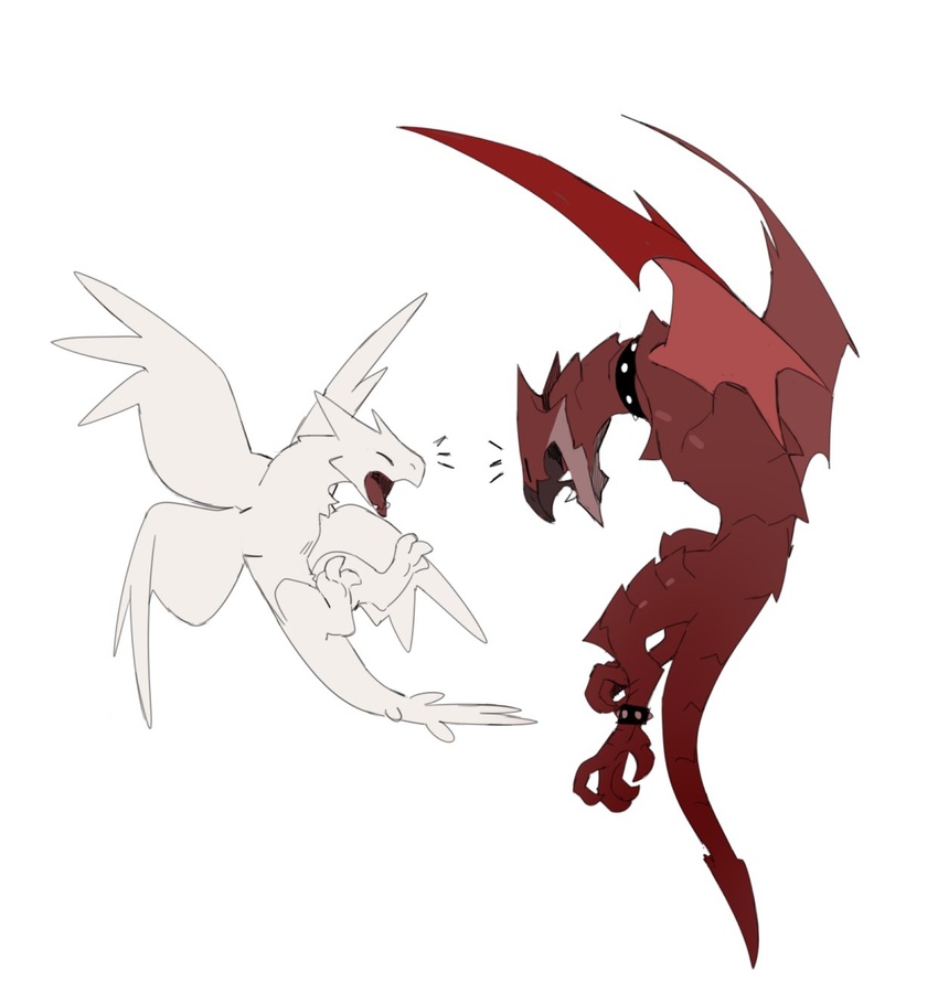 2girls alchemy_stars collar curie_(alchemy_stars) dragon dragon_tail dragon_wings highres knifedragon multiple_girls multiple_wings no_humans open_mouth sharp_teeth simple_background spiked_collar spikes sunstone_(alchemy_stars) tail teeth white_background wings wyvern