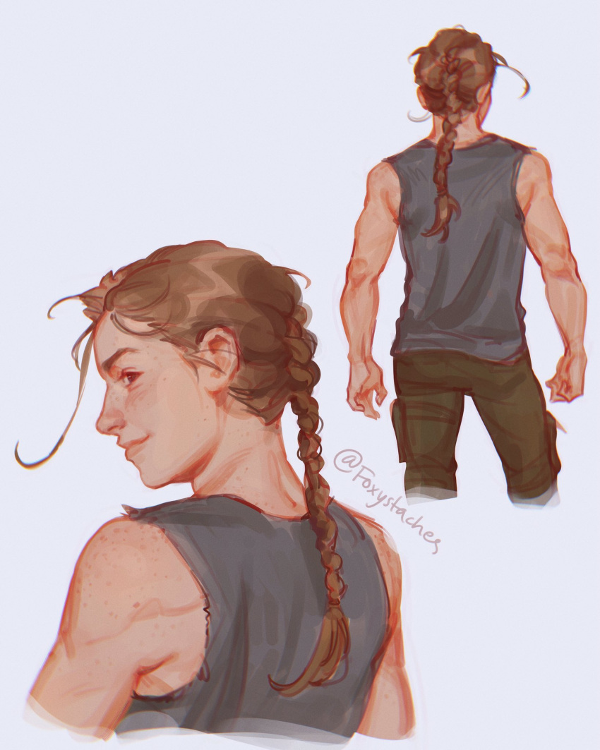 abby_(the_last_of_us) bare_arms braid brown_eyes brown_hair cowboy_shot facing_away female foxystaches freckles grey_pants grey_shirt highres long_hair looking_back multiple_views muscular muscular_female pants shirt smile the_last_of_us_(series) the_last_of_us_2 torn_clothes torn_sleeves twitter_username upper_body white_background