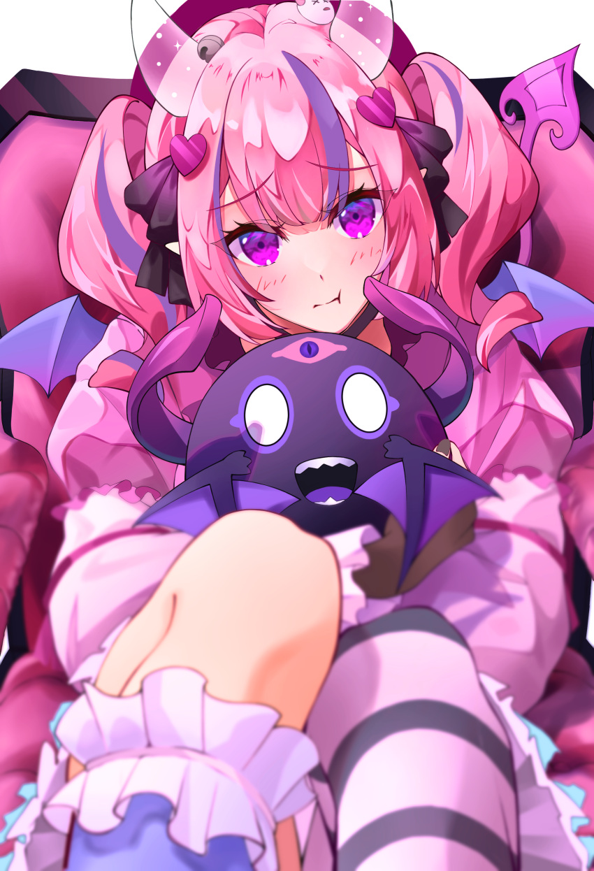 absurdres bell black_bow blush bow bubi_(ironmouse) demon_girl demon_horns demon_wings female hair_ornament hairbow heart heart_hair_ornament highres horns ironmouse ironmouse_(wonderland_reject) jingle_bell long_hair looking_at_viewer multicolored_hair pink_hair pink_shirt pointy_ears pout purple_eyes purple_hair shirt socks streaked_hair striped_clothes striped_socks tsue_0206 twintails virtual_youtuber vshojo wings