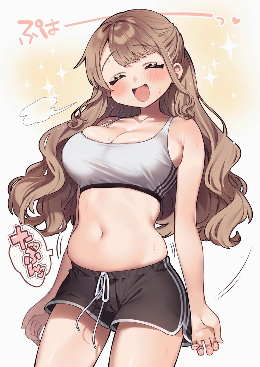 :d bare_arms belly black_shorts blush breasts brown_hair commentary cowboy_shot crop_top female highres kodama's_elder_sister_(sakura_yuki) large_breasts long_hair navel original puff_of_air sakura_yuki_(clochette) short_shorts shorts smile solo sparkle sports_bra standing stomach sweat translated white_background white_sports_bra