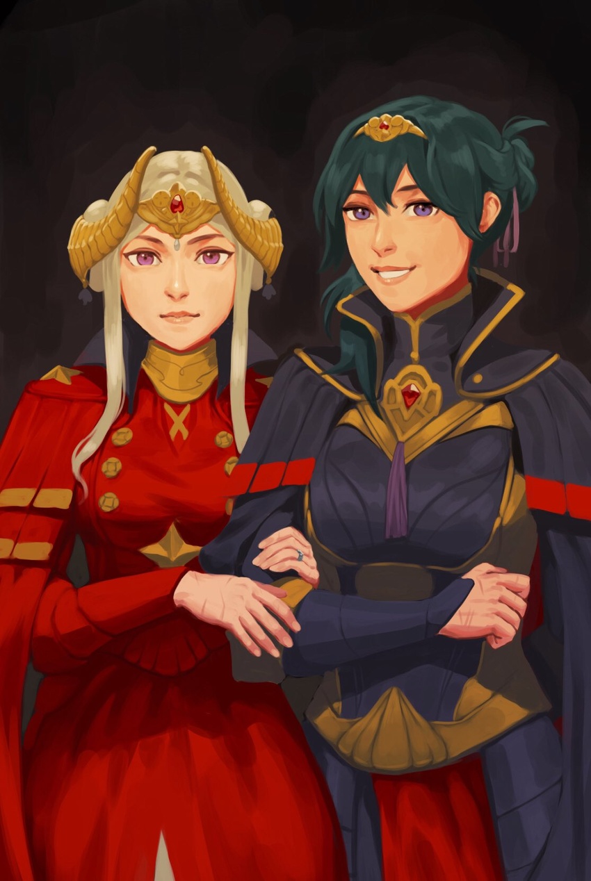 2girls alternate_costume alternate_hairstyle arm_hug brooch byleth_(female)_(fire_emblem) byleth_(fire_emblem) cape commentary dark_background double_bun edelgard_von_hresvelg fake_horns fire_emblem fire_emblem:_three_houses good_end green_hair hair_bun highres horned_headwear horns jewelry multiple_girls purple_eyes radiostarkiller ring scar smile symbol-only_commentary tiara upper_body white_hair