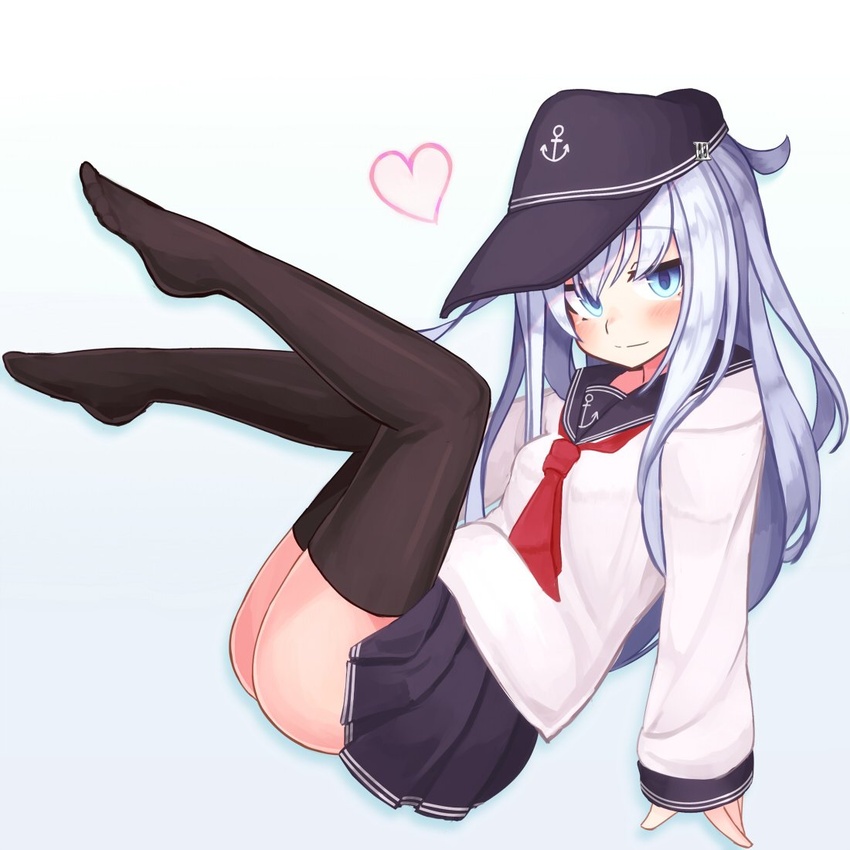 anchor anchor_symbol bad_id bad_twitter_id black_hat black_skirt black_thighhighs blue_background blue_eyes blush closed_mouth female flat_cap full_body gradient_background grey_hair hair_between_eyes hat heart hibiki_(kancolle) kantai_collection long_hair long_sleeves necktie no_shoes pleated_skirt red_necktie reitou_mikan sailor_collar school_uniform serafuku simple_background skirt solo thighhighs