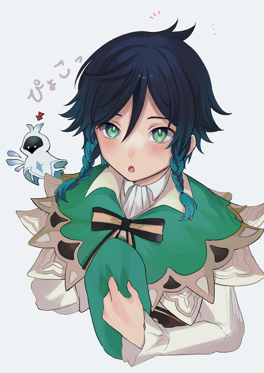 1boy absurdres androgynous arrow_(symbol) barbatos_(genshin_impact) beret black_hair blue_hair blush bow braid cape cloak collared_cape collared_shirt commentary_request detached_wings elemental_(creature) flower frilled_sleeves frills genshin_impact gradient_hair green_eyes green_hat hat highres holding holding_clothes holding_hat hood hood_up hooded_cloak long_sleeves male_focus multicolored_hair nakura_hakuto notice_lines open_mouth shirt short_hair_with_long_locks simple_background solo spirit translation_request twin_braids unworn_hat unworn_headwear venti_(genshin_impact) white_background white_flower white_shirt wings