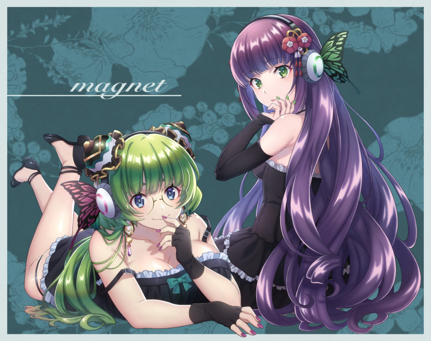 2girls bare_shoulders black_dress black_footwear black_gloves blue_eyes breasts butterfly_hair_ornament cleavage closed_mouth collarbone commentary_request curly_hair dress elbow_gloves fingerless_gloves glasses gloves green_eyes green_hair green_nails hair_ornament hanakoto_igusa handa_moegi headphones high_heels highres indie_virtual_youtuber large_breasts long_hair looking_at_viewer magnet_(vocaloid) multiple_girls parted_lips plump purple_hair purple_nails round_eyewear smile tsu3_v very_long_hair virtual_youtuber vocaloid