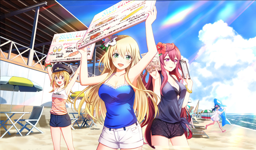 5girls :d akino_komugi arihara_tsubasa arms_up beach beach_chair beach_house beach_umbrella bikini black_bikini black_shorts blonde_hair blue_shirt breasts cinderella_series cleavage cloud collarbone cumulonimbus_cloud flower gakuseibou game_cg green_eyes hachigatsu_no_cinderella_nine hair_between_eyes hair_flower hair_ornament hat highres holding_board honjo_chikage iwaki_yoshimi light_rays long_hair looking_at_viewer menu_board multiple_girls non-web_source nozaki_yuuki ocean official_art open_mouth outdoors red_eyes red_hair shirt shorts sky sleeveless sleeveless_shirt smile solo_focus summer sunbeam sunlight swimsuit tied_shirt umbrella white_flower white_shirt white_shorts