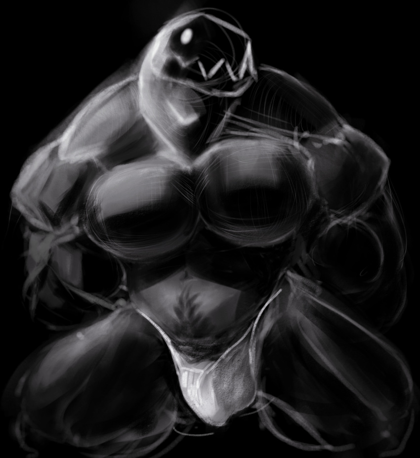 big_pecs body_hair clothed clothing drakei geometry_dash hi_res male monochrome monster monster_(geometry_dash) muscular muscular_male pecs sitting_on_knees underwear underwear_only