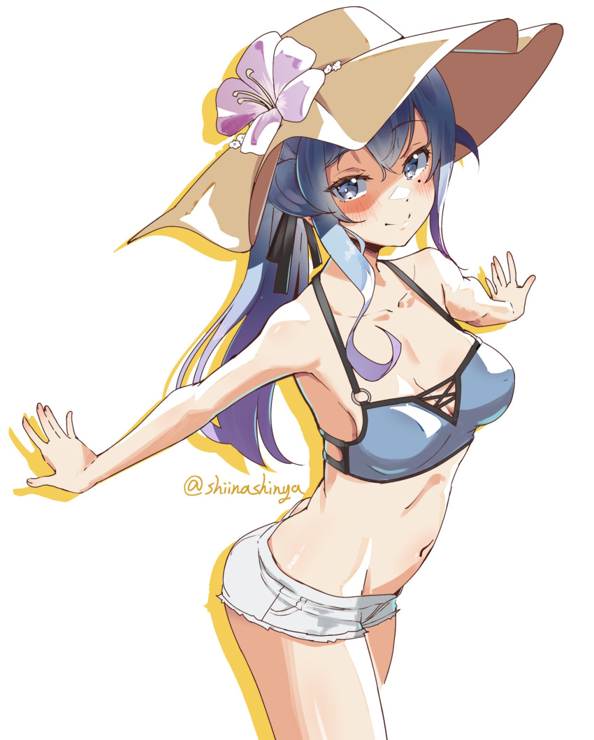 bikini blue_bikini brown_hat cowboy_shot female flower gotland_(kancolle) gotland_(swimsuit_mode)_(kancolle) hat hat_flower highres kantai_collection liking navel one-hour_drawing_challenge outstretched_arms short_shorts shorts simple_background solo standing sun_hat swimsuit twitter_username white_background white_shorts