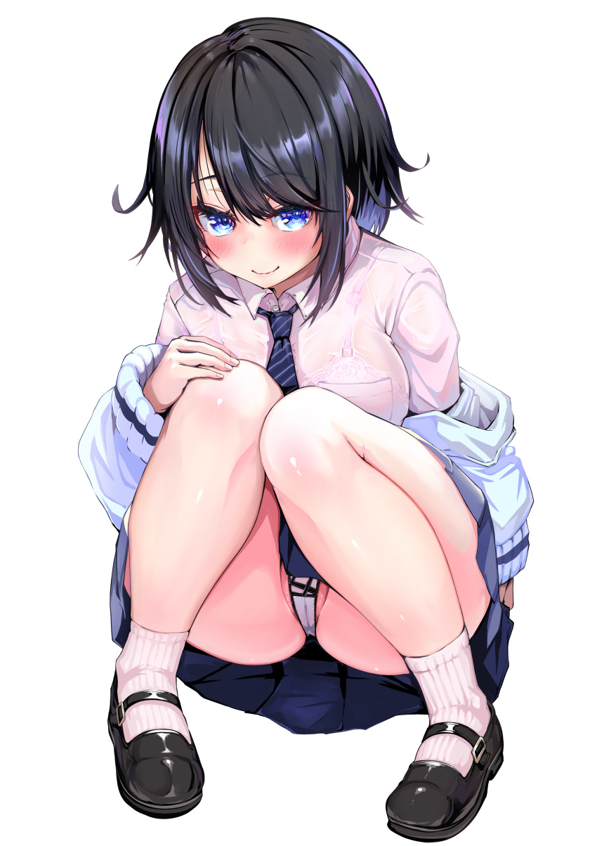 absurdres black_footwear black_hair blue_eyes blue_skirt blush bra breasts commentary_request female full_body highres jacket kajimakoto large_breasts looking_at_viewer necktie off_shoulder original panties pantyshot pink_bra see-through see-through_shirt shirt short_hair skirt smile solo squatting striped_necktie underwear wet wet_clothes white_jacket white_panties white_shirt