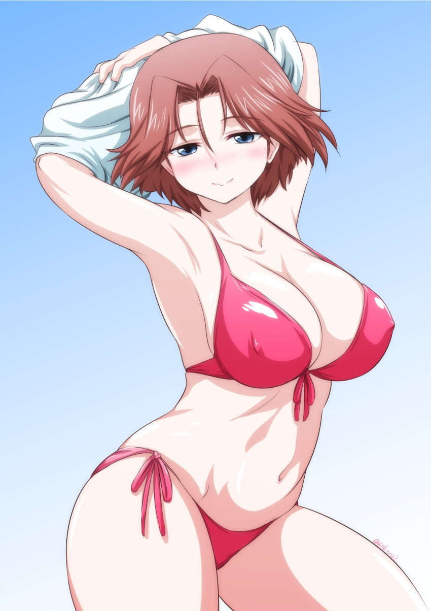 arms_up azumi_(girls_und_panzer) bikini blue_background blue_eyes breasts brown_hair cleavage covered_nipples cowboy_shot female girls_und_panzer hair_intakes highres large_breasts looking_at_viewer one-hour_drawing_challenge parted_bangs red_bikini shirt short_hair side-tie_bikini_bottom solo swimsuit undressing white_shirt yts_takana