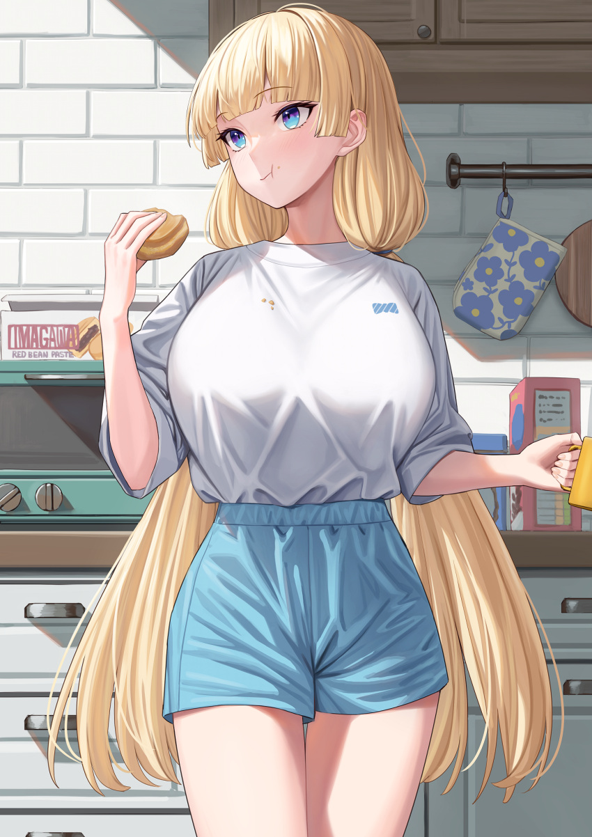 blonde_hair blue_eyes blue_shorts breasts closed_mouth cowboy_shot crumbs cup eating female food highres holding holding_cup holding_food indoors kitchen large_breasts lina_(michihasu) long_hair looking_to_the_side low_twintails michihasu mug original shirt shirt_tucked_in shorts solo thighs twintails very_long_hair white_shirt