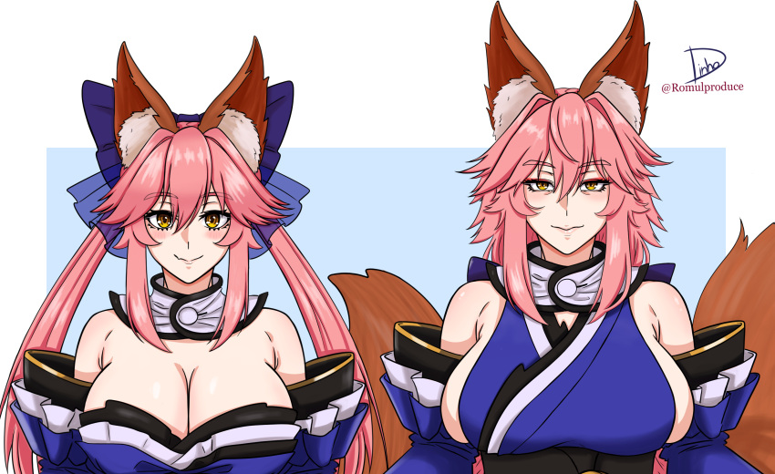 2girls age_difference aged_up animal_ear_fluff animal_ears blue_bow blue_kimono bow breasts cleavage detached_sleeves dual_persona fate/extra fate/grand_order fate_(series) fox_ears fox_girl fox_tail hair_between_eyes hairbow highres huge_breasts japanese_clothes kimono long_hair looking_at_viewer mature_female multiple_girls pink_hair romulproduce smile split_ponytail tail tamamo_(fate) tamamo_no_mae_(fate/extra) very_long_hair yellow_eyes