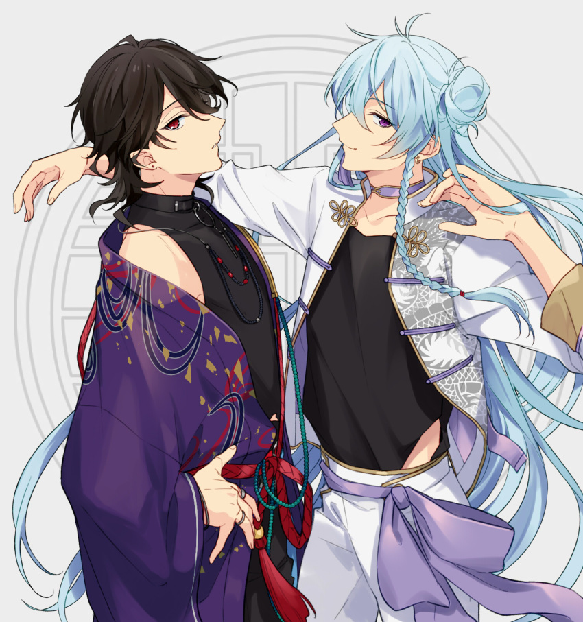 2boys 2oz absurdly_long_hair arm_on_another's_shoulder asymmetrical_sidelocks belt bishounen black_hair black_shirt blue_hair braided_sidelock choker closed_mouth cowboy_shot dragon dragon_print eastern_dragon ensemble_stars! frog_button from_side gold_trim hair_bun hand_on_own_hip hand_up hibiki_wataru highres jacket japanese_clothes kimono light_smile long_hair male_focus multiple_boys one_side_up open_clothes open_jacket open_kimono outstretched_arm pants parted_lips print_jacket profile purple_eyes purple_kimono red_belt red_eyes rope_belt sakuma_rei_(ensemble_stars!) shirt sideways_glance single_side_bun sleeveless sleeveless_shirt turtleneck turtleneck_shirt very_long_hair white_background white_jacket white_pants