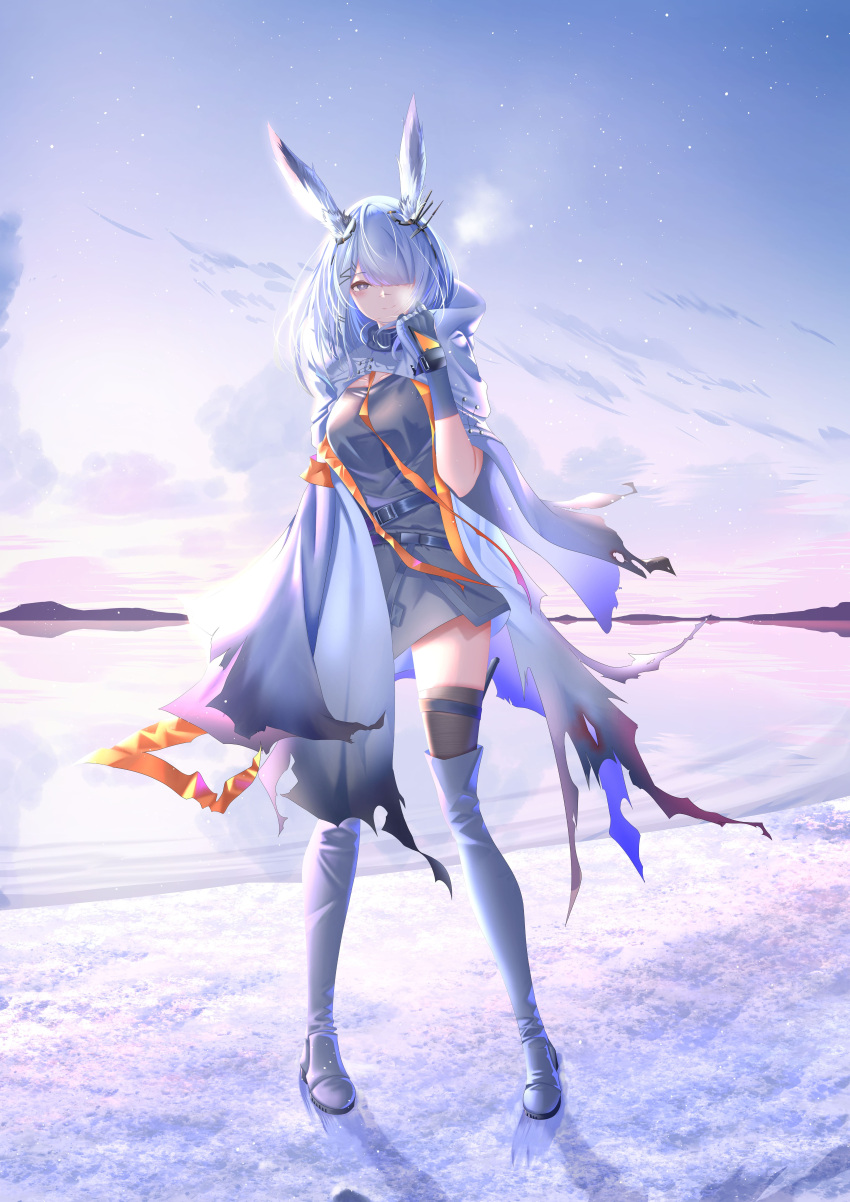 absurdres animal_ears arknights black_thighhighs blush boots breath bright_pupils cape closed_mouth commentary day dress elbow_gloves female frostnova_(arknights) full_body furaide gloves grey_dress grey_eyes grey_footwear grey_gloves hair_ornament hair_over_one_eye hairclip hand_up highres hood hood_down hooded_cape horizon light_particles long_hair one_eye_covered outdoors rabbit_ears rabbit_girl short_dress smile solo standing strap thigh_boots thighhighs torn_cape torn_clothes water white_cape white_hair white_pupils