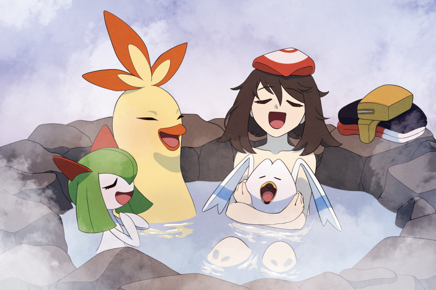 bathing bird brown_hair closed_eyes colored_skin combusken fanny_pack female green_hair highres holding holding_pokemon horns hotarubi_(bugkhdu) kirlia may_(pokemon) onsen open_mouth pokemon pokemon_(creature) pokemon_rse sidelocks smile steam unworn_clothes water white_skin wingull