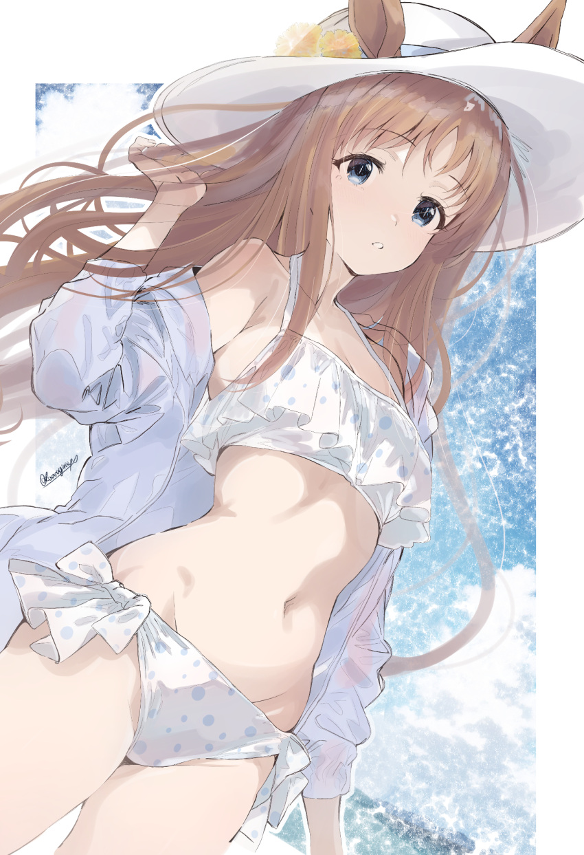 animal_ears bikini blue_eyes brown_hair commentary_request cowboy_shot female frilled_bikini frills grass_wonder_(umamusume) grey_jacket hat highres horse_ears horse_girl jacket kannagiray long_hair navel polka_dot polka_dot_bikini side-tie_bikini_bottom solo sun_hat swimsuit umamusume white_bikini white_hat