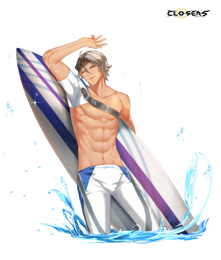 1boy ;d abs alternate_hair_color arm_up brown_hair closers collarbone copyright_name covered_armpit cowboy_shot detached_sleeves hand_up highres holding holding_surfboard j_(closers) legskin logo looking_at_viewer male_focus male_swimwear navel official_art one_eye_closed parted_bangs parted_lips pectorals short_hair short_sleeves single_bare_shoulder single_detached_sleeve smile solo surfboard tan toned toned_male topless_male variant_set wading water white_background white_male_swimwear white_sleeves